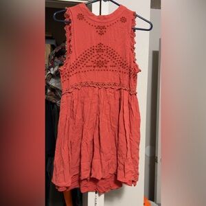 Coral Sleeveless Mini Dress with Eyelet and Crochet Trim